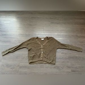 Pink Rose Green Button-Up V-Neck Cardigan Long Sleeve Sweater Size Medium